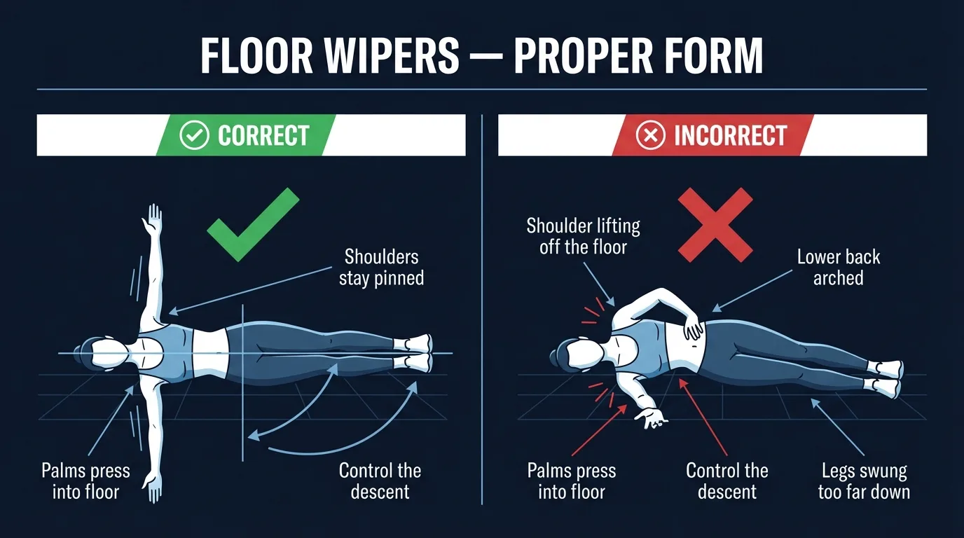 Floor Wipers proper form: legs straight and together sweeping in a controlled arc to one side, palms pressing into the floor as anchors, both shoulder blades pinned flat, lower back neutral