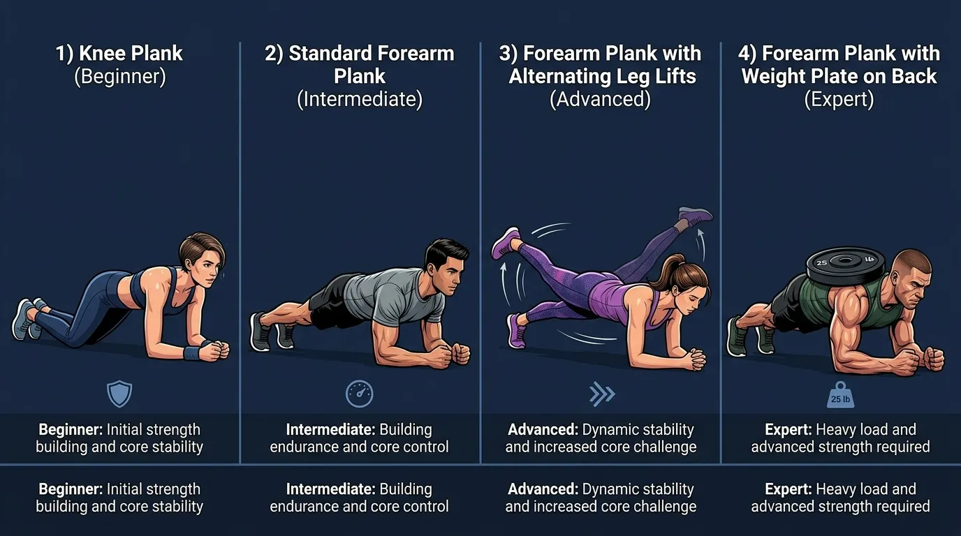Forearm plank variations from beginner knee plank to standard forearm plank to advanced shoulder taps, plank twists, and side plank