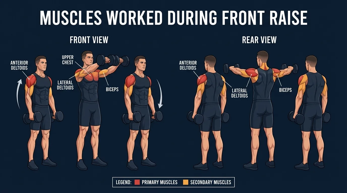 Front raise muscles activated: anterior deltoid as primary mover, with medial deltoid, upper pectoralis major (clavicular head), serratus anterior, and upper trapezius as secondary contributors