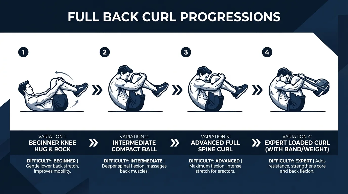 Full back curl variations showing seated version on a chair for beginners and loaded Jefferson curl version standing on a raised platform with light dumbbell for advanced practitioners