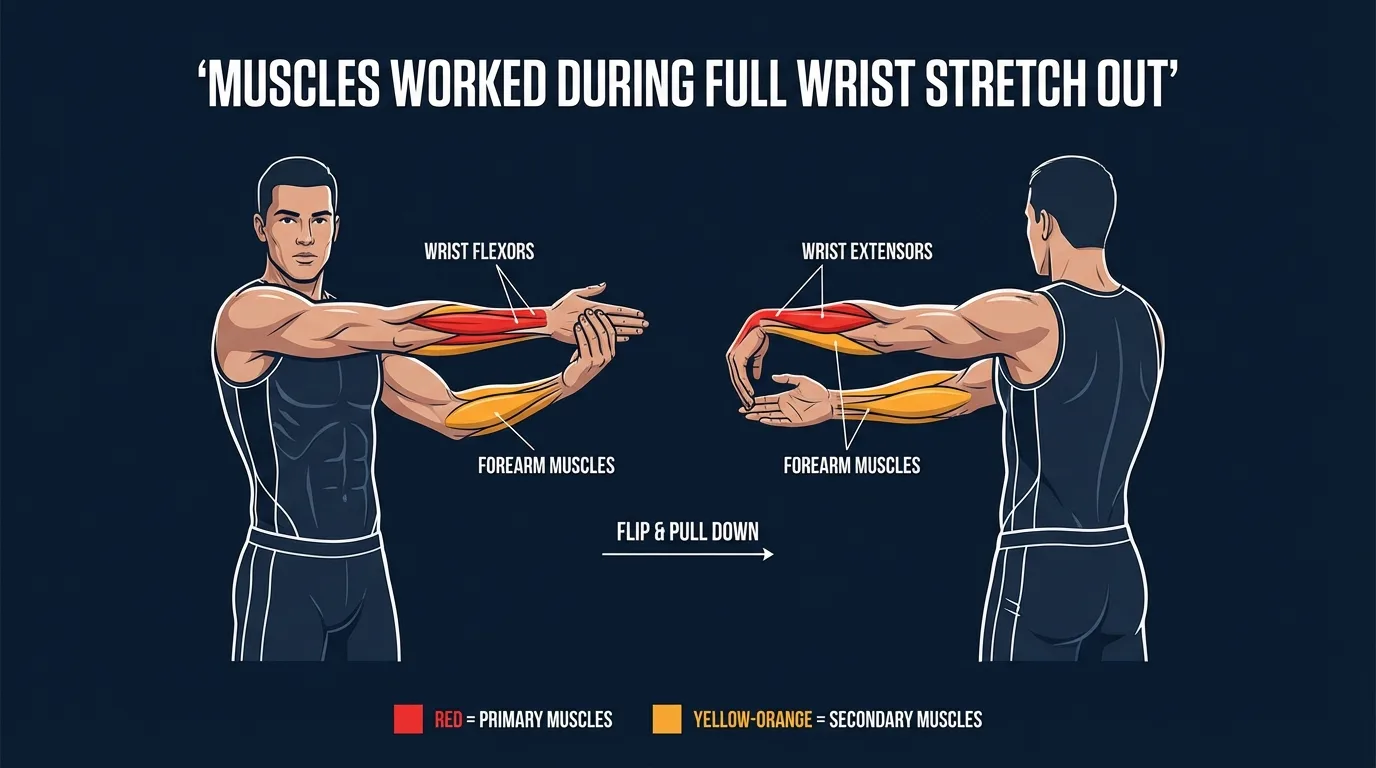 Full wrist stretch out muscles targeted: wrist flexors (flexor carpi radialis, flexor carpi ulnaris, palmaris longus) stretched during the extension phase, wrist extensors (extensor carpi radialis longus and brevis, extensor carpi ulnaris) stretched during the flexion phase, brachioradialis and lateral forearm during deviation
