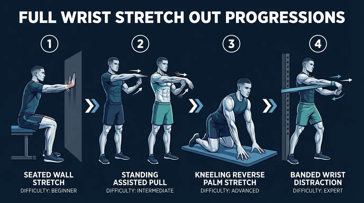 Full wrist stretch out variations progression: prayer stretch with palms together (beginner), tabletop wrist loading on all fours with fingers pointing back toward knees (intermediate), and resistance band wrist circles (advanced)