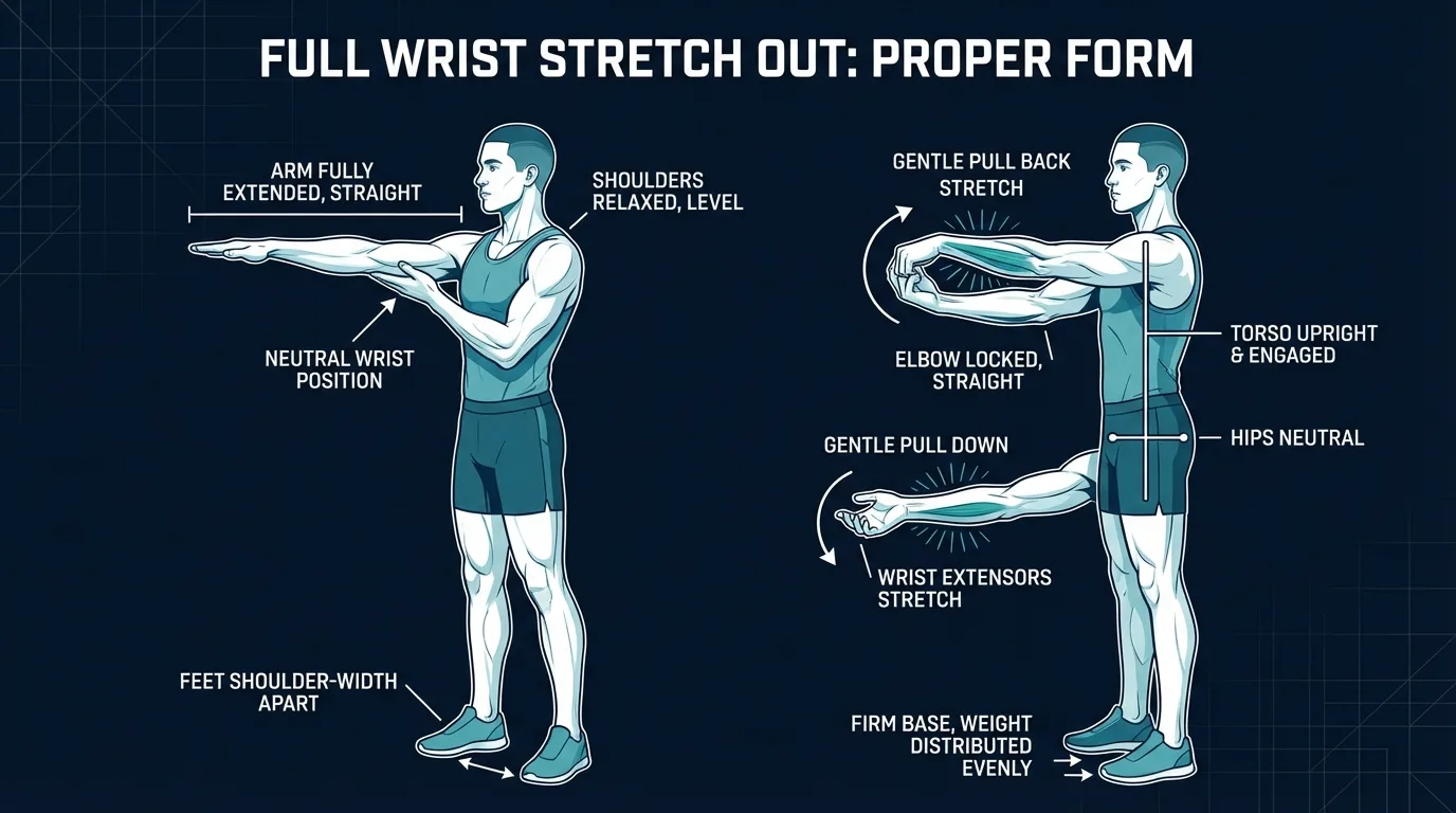 Full wrist stretch out proper form: arm extended at shoulder height with elbow straight, four positions shown (wrist extension with fingers up, wrist flexion with fingers down, radial deviation tilting the hand toward the thumb side, ulnar deviation tilting toward the pinky side)