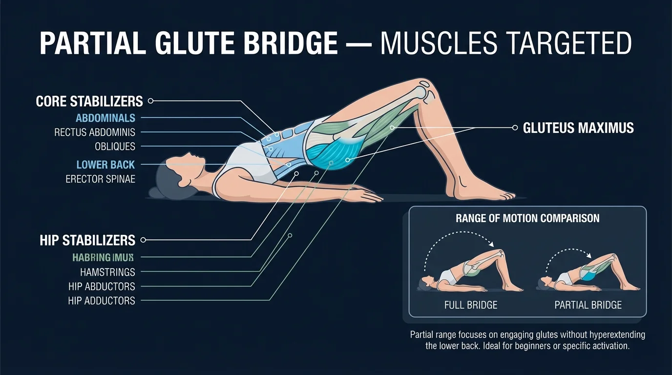 Partial glute bridge muscles activated: gluteus maximus as the primary mover at half range of motion, with reduced hamstring contribution and core stabilizer engagement to prevent lumbar overextension