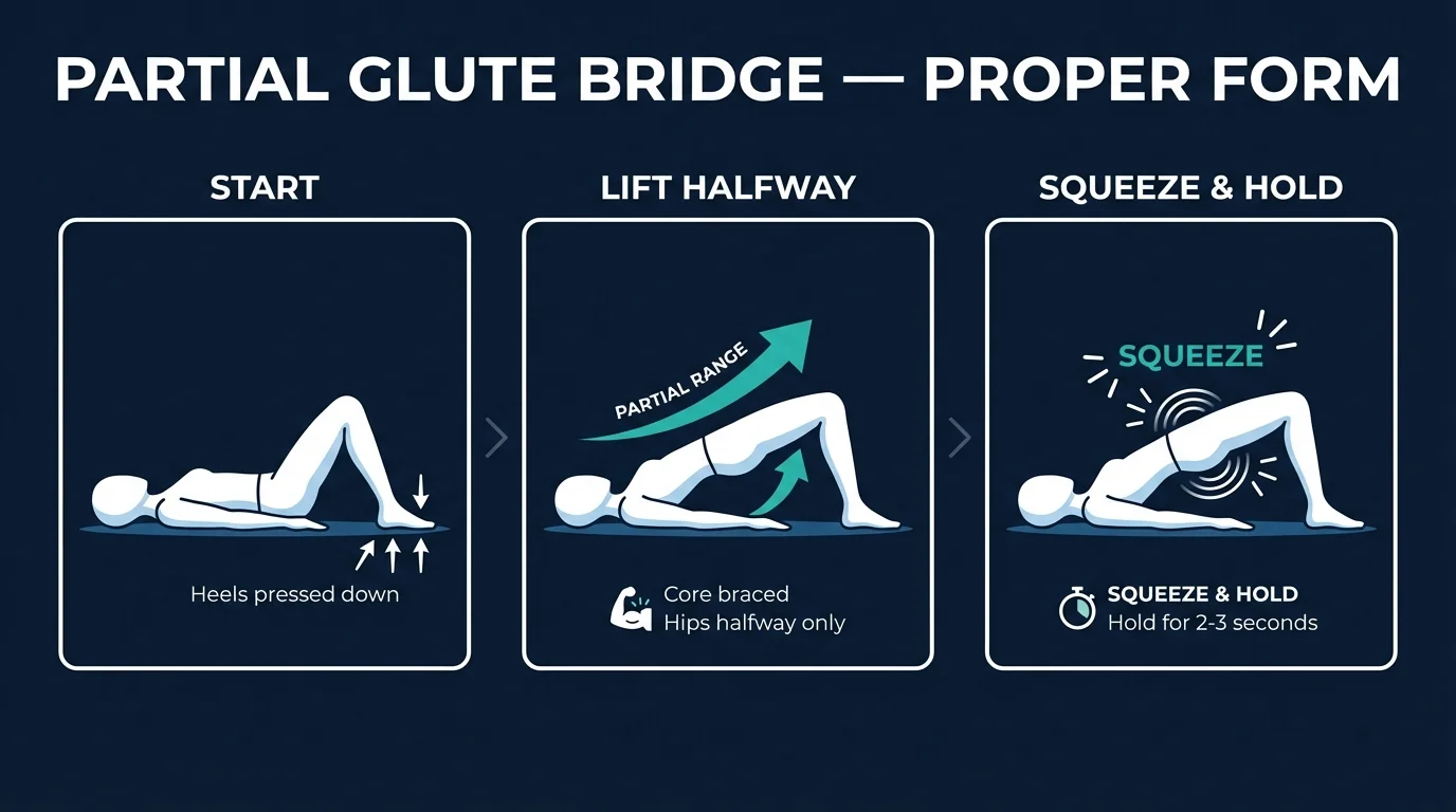 Partial glute bridge proper form: hips lift only halfway toward full extension, feet flat and heels driving into the floor, ribs stacked over the pelvis with a slight posterior pelvic tilt