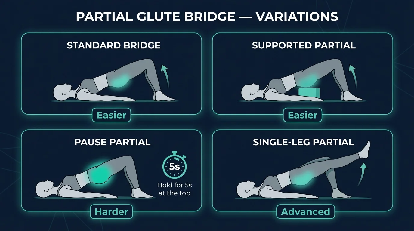 Partial glute bridge variations showing the supported regression with a yoga block under the lower back, the bodyweight partial bridge with hold, and the single-leg partial bridge progression