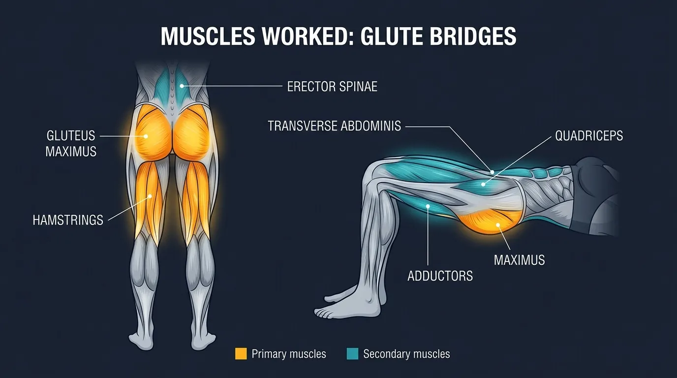 Glute bridge muscles activated: gluteus maximus as the primary mover, hamstrings as secondary movers, with the core, erector spinae, and hip stabilizers holding a neutral pelvis