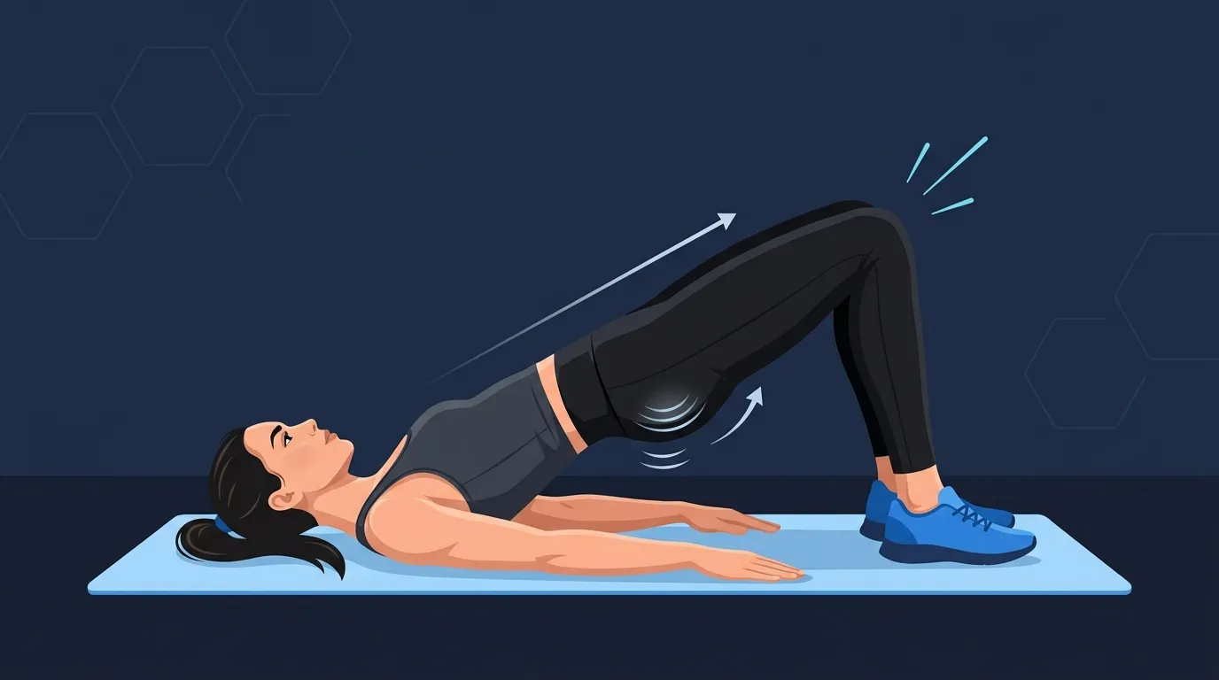 Glute bridge proper form: feet flat hip-width apart, shins vertical at the top, body forming a straight line from knees to shoulders without lumbar hyperextension