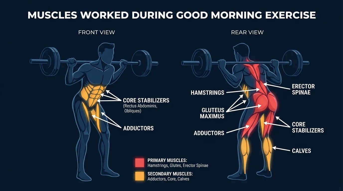 Good morning exercise muscles targeted: hamstrings, gluteus maximus, and erector spinae as primary movers, with the adductors, core (transverse abdominis, obliques), and calves stabilizing the hip-hinge pattern under dumbbell load