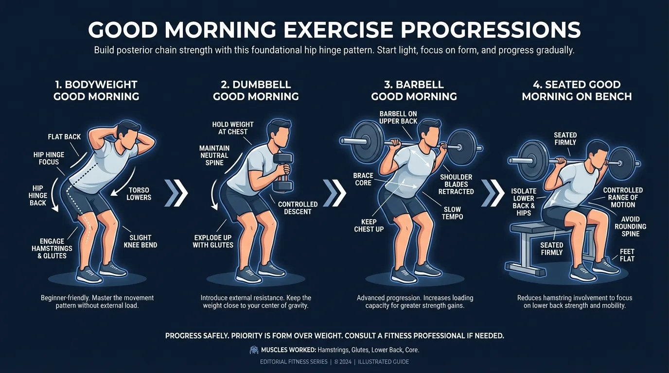 Good morning progression: bodyweight good morning for learning the hinge, dumbbell good morning for intermediate to advanced loading, seated good morning for erector-spinae isolation, and banded good morning for accommodating resistance