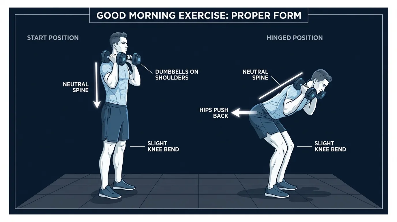 Good morning proper form: standing start position with dumbbells on shoulders and the hinged position with a neutral spine, hips pushed back behind the heels, and a fixed slight knee bend maintained from start to finish
