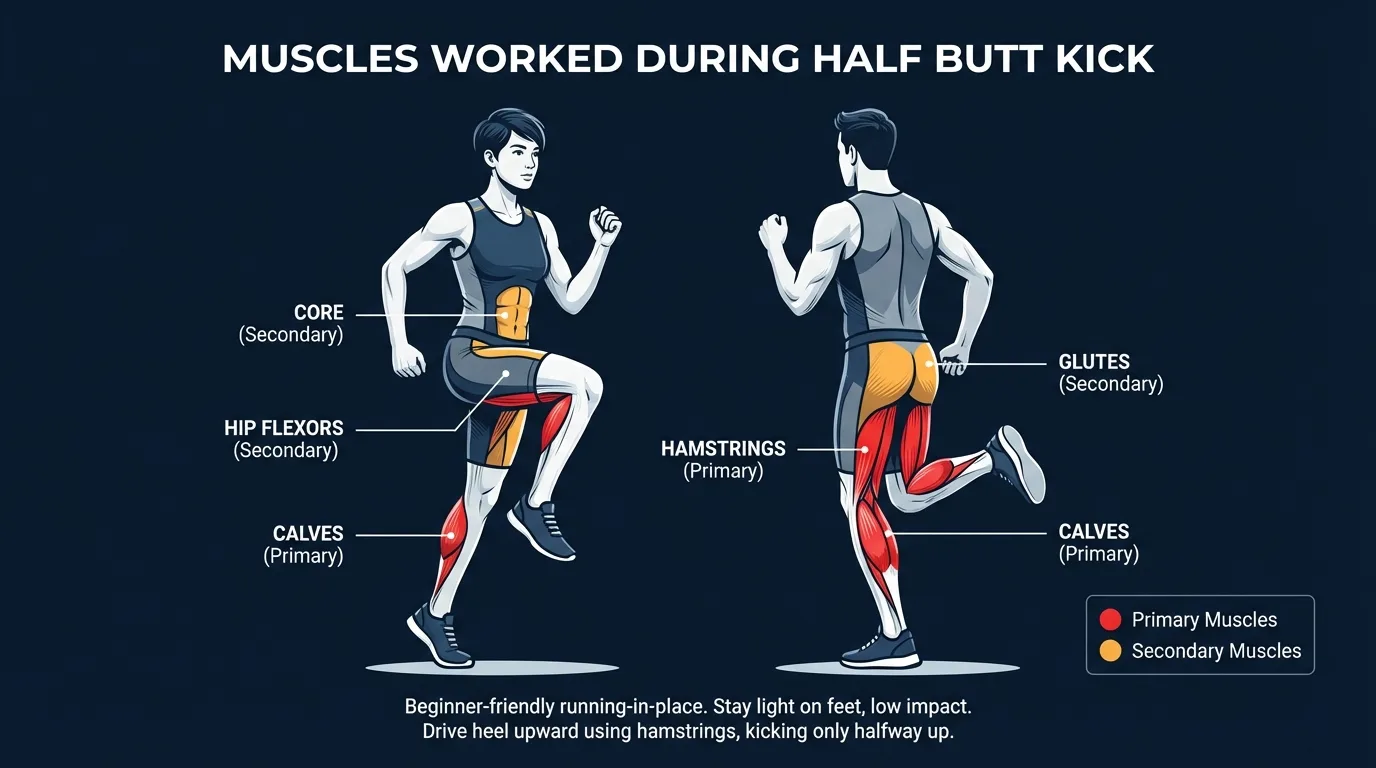 Half butt kick muscles activated: hamstrings as the primary mover driving knee flexion, with glutes, calves, hip flexors, and core working as secondary movers and stabilizers