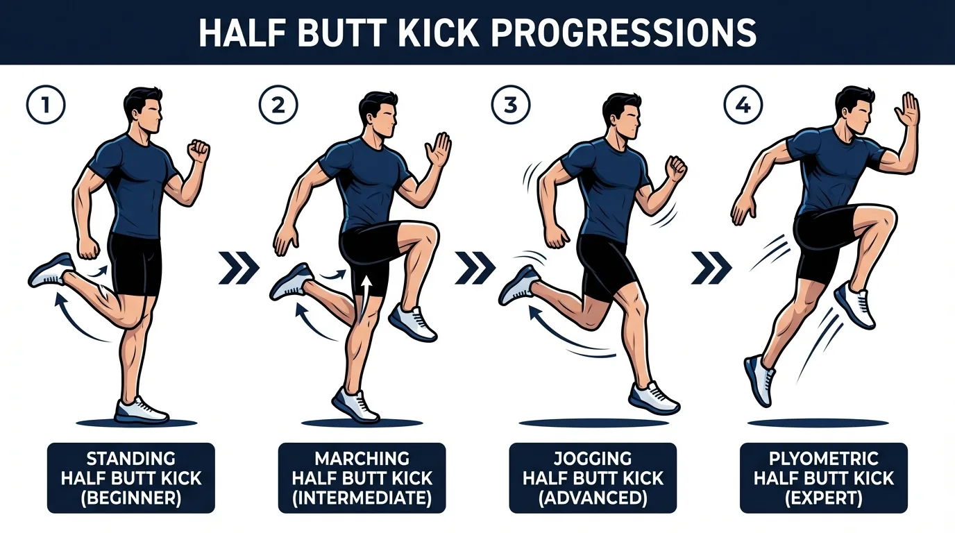 Half butt kick progression path from seated and marching regressions for beginners to standard and traveling versions for intermediate athletes and full butt kicks for advanced