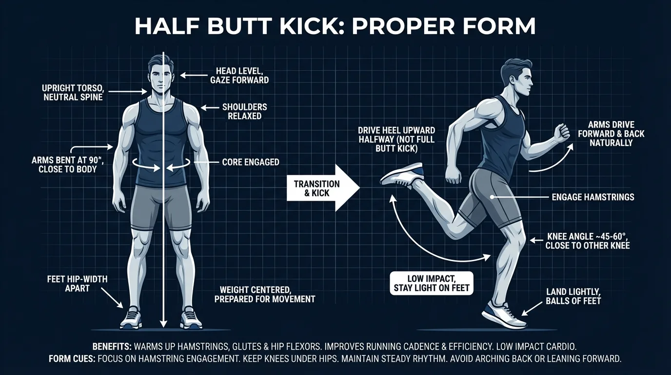 Half butt kick proper form: upright torso, heel rising to about mid-calf height, thigh staying vertical and pointing at the floor, arms driving in opposition