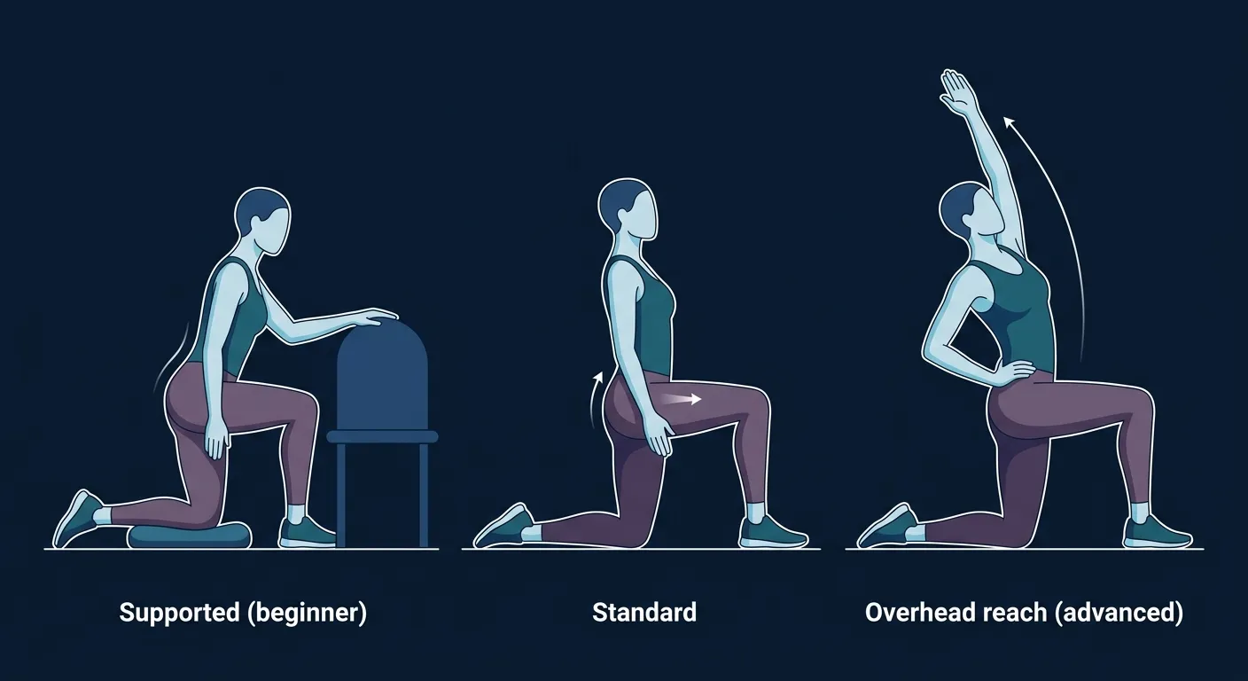 Half kneeling stretch progression sequence from supported with a chair (beginner) to the standard version to the overhead-reach progression (advanced)