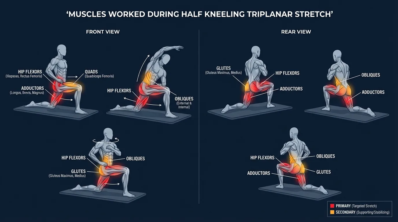 Half kneeling triplanar stretch muscles targeted: iliopsoas, rectus femoris, and tensor fasciae latae as primary stretched tissues, with obliques, quadratus lumborum, and thoracolumbar fascia mobilized across sagittal, frontal, and transverse planes