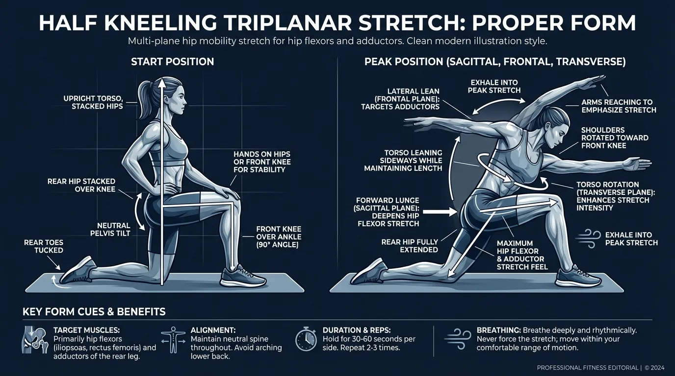 Half kneeling triplanar stretch proper form: rear glute squeezed, posterior pelvic tilt with tailbone tucked, torso tall, front knee stacked over front ankle