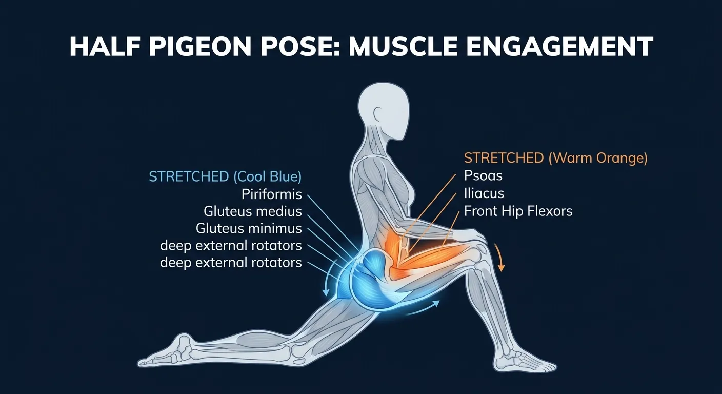 Half pigeon muscles stretched and engaged: piriformis, deep hip external rotators, gluteus medius and minimus of the front hip, and psoas and iliacus hip flexors of the back leg