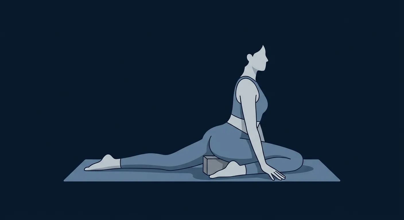 Half pigeon proper form with front shin angled at 45 degrees, heel near the opposite hip, back leg extended straight, hips squared forward, and a block supporting the front hip