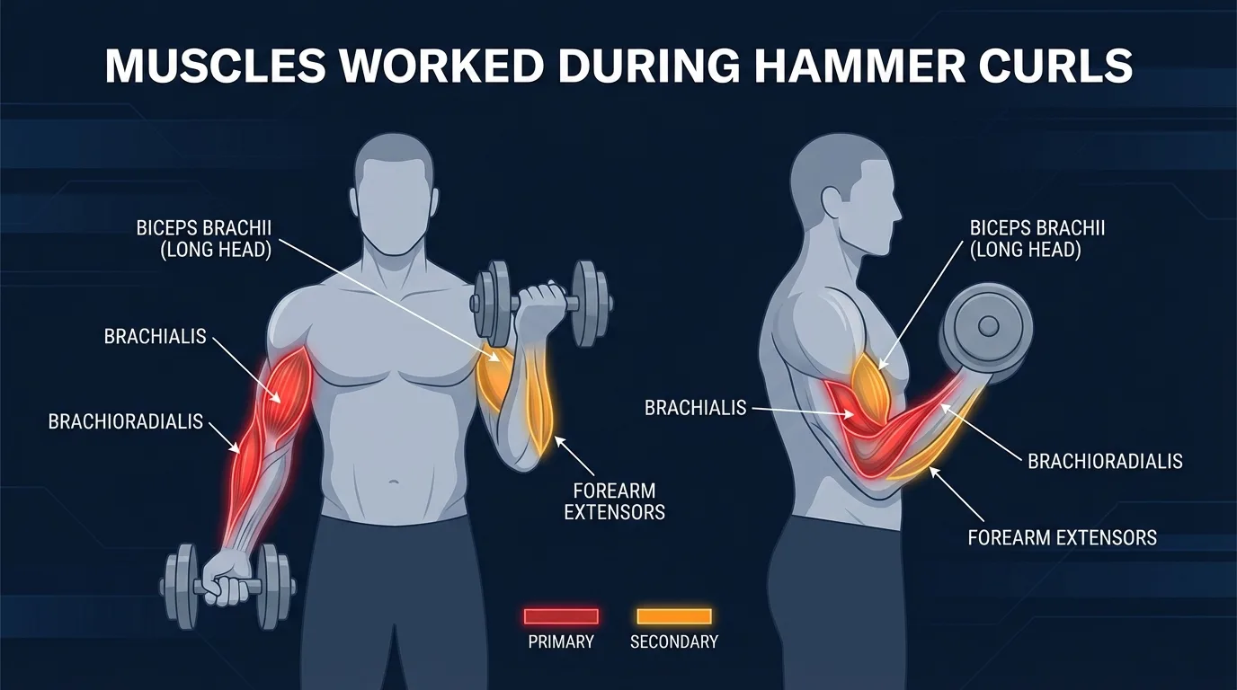 Hammer curl muscles activated: brachialis and brachioradialis as primary movers, with the biceps brachii long head and forearm extensors as secondary muscles and the shoulder girdle stabilizing
