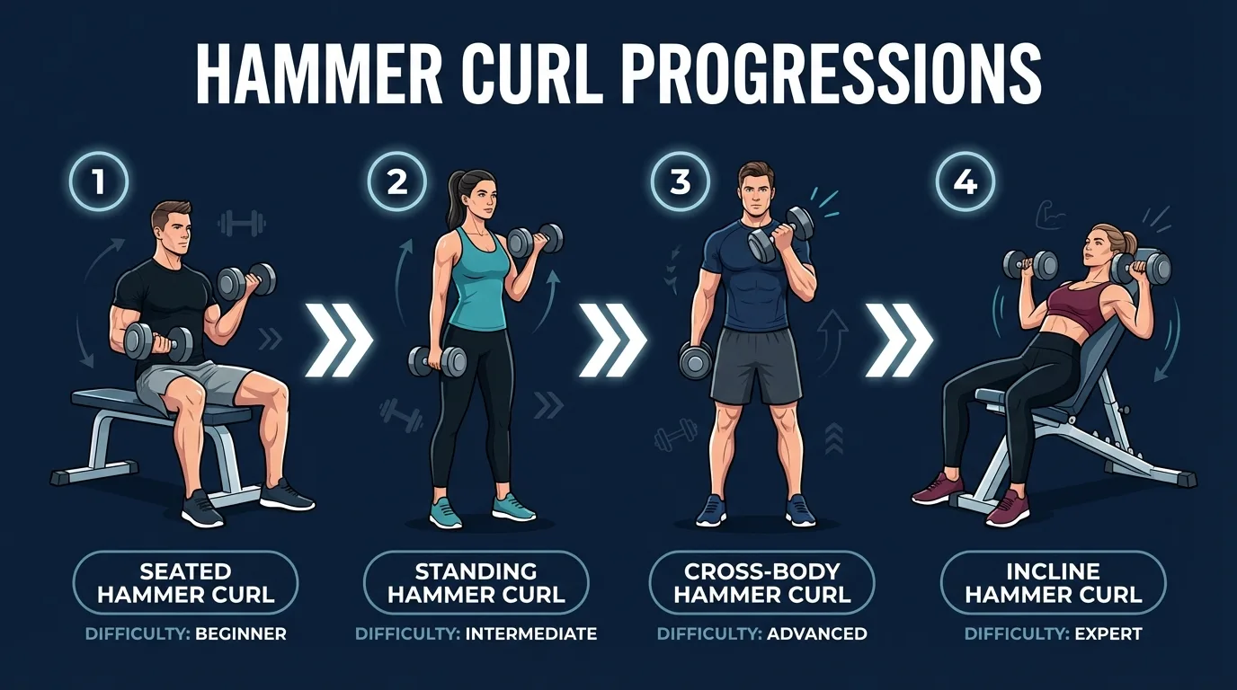 Hammer curl progressions from seated (beginner) through standing alternating to cross-body and incline hammer curl with difficulty levels