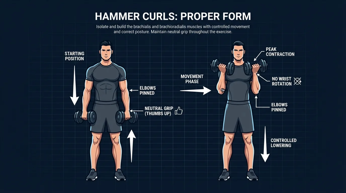 Hammer curl proper form showing the starting position with dumbbells at sides in neutral grip and the top position with dumbbells curled near the shoulders, elbows pinned to the sides