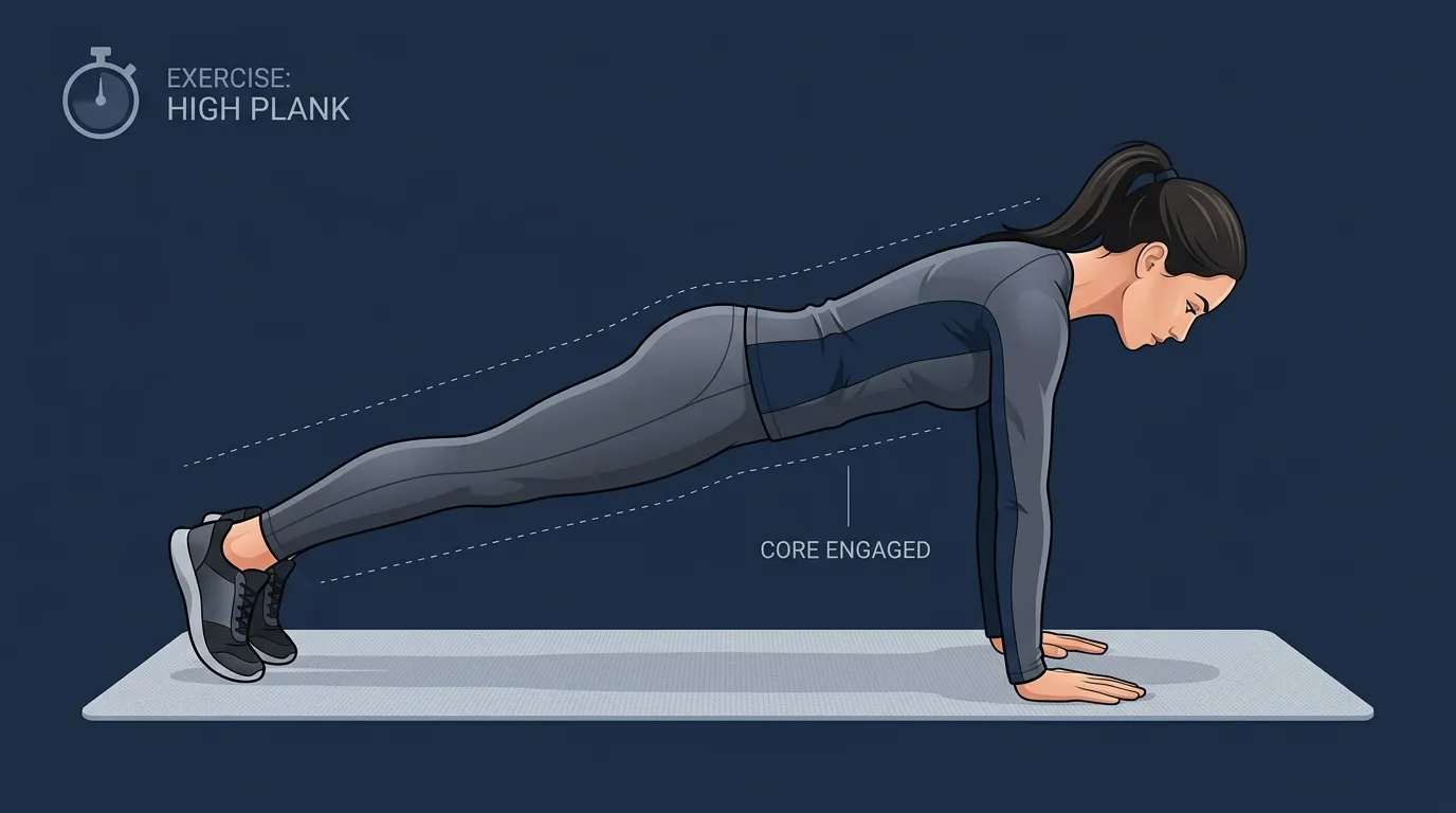 Hand plank proper form: wrists stacked directly under shoulders, arms fully extended, body in a straight head-to-heel plank, head neutral, gaze just in front of the fingertips