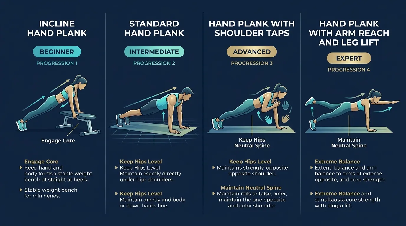 Hand plank progression from incline regression (hands on bench) to floor standard, shoulder taps, and plank-to-push-up advanced variations