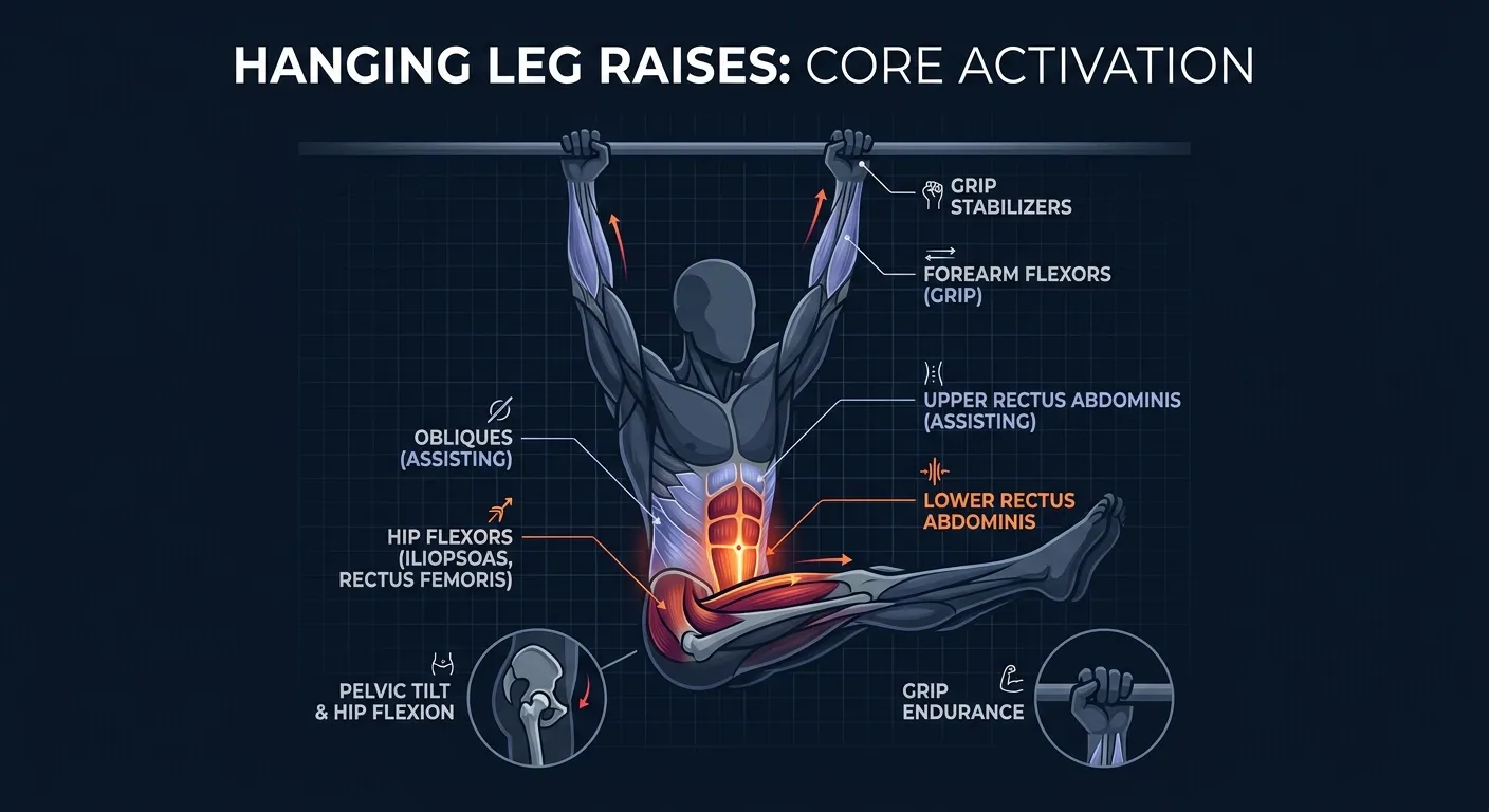 Hanging leg raise muscles activated: lower rectus abdominis and hip flexors as primary movers, with the upper rectus abdominis, obliques, lats, and forearm grip as assisting and stabilizing structures