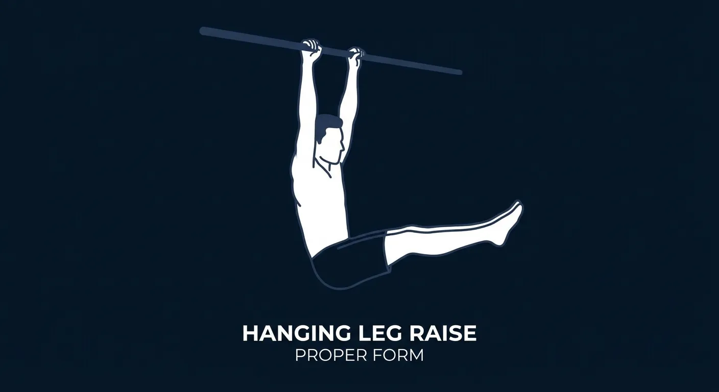 Proper hanging leg raise form: active shoulders pulled down and back, straight arms, hollow torso, and straight legs lifted to parallel with the floor through controlled pelvic curl
