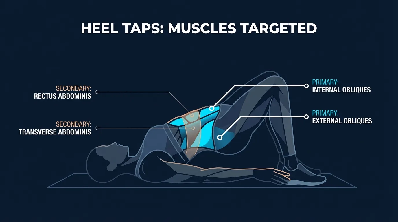 Heel taps muscles targeted diagram showing internal and external obliques as primary movers, with rectus abdominis maintaining the crunch position and transverse abdominis stabilizing the spine during lateral spinal flexion