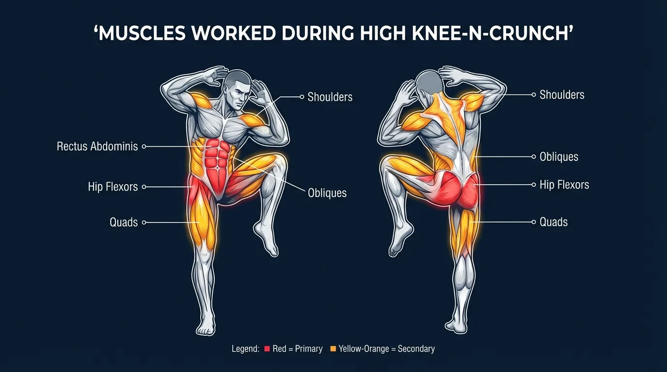 High knee-n-crunch muscles activated: rectus abdominis and hip flexors as primary movers, with obliques, quadriceps, calves, glutes, shoulders, and lats as secondary movers and stabilizers on a standing figure