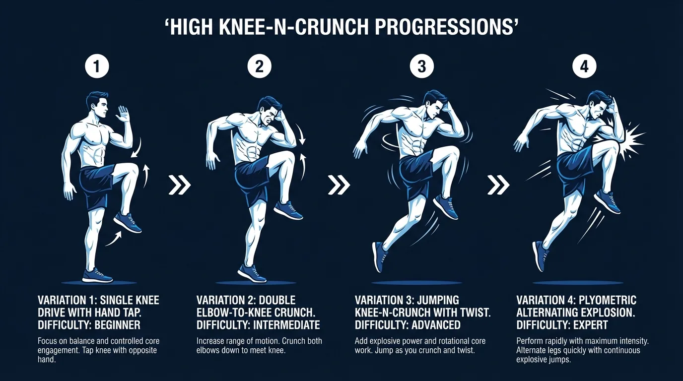 High knee-n-crunch progression path: slow-tempo marching crunch as the beginner regression, standard alternating high knee crunch as the intermediate variation, and rapid-fire HIIT high knee crunch as the advanced variation