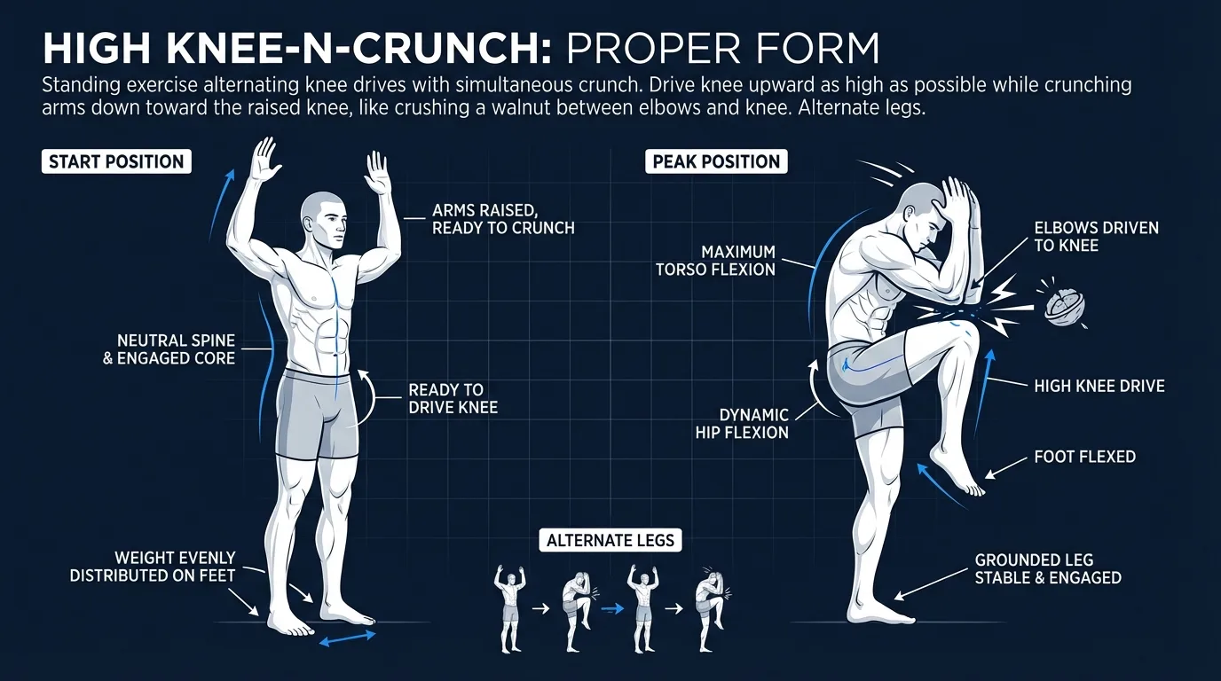 High knee-n-crunch proper form: tall standing start, explosive knee drive to parallel, and vertical crunch pulling both arms down to meet the rising knee