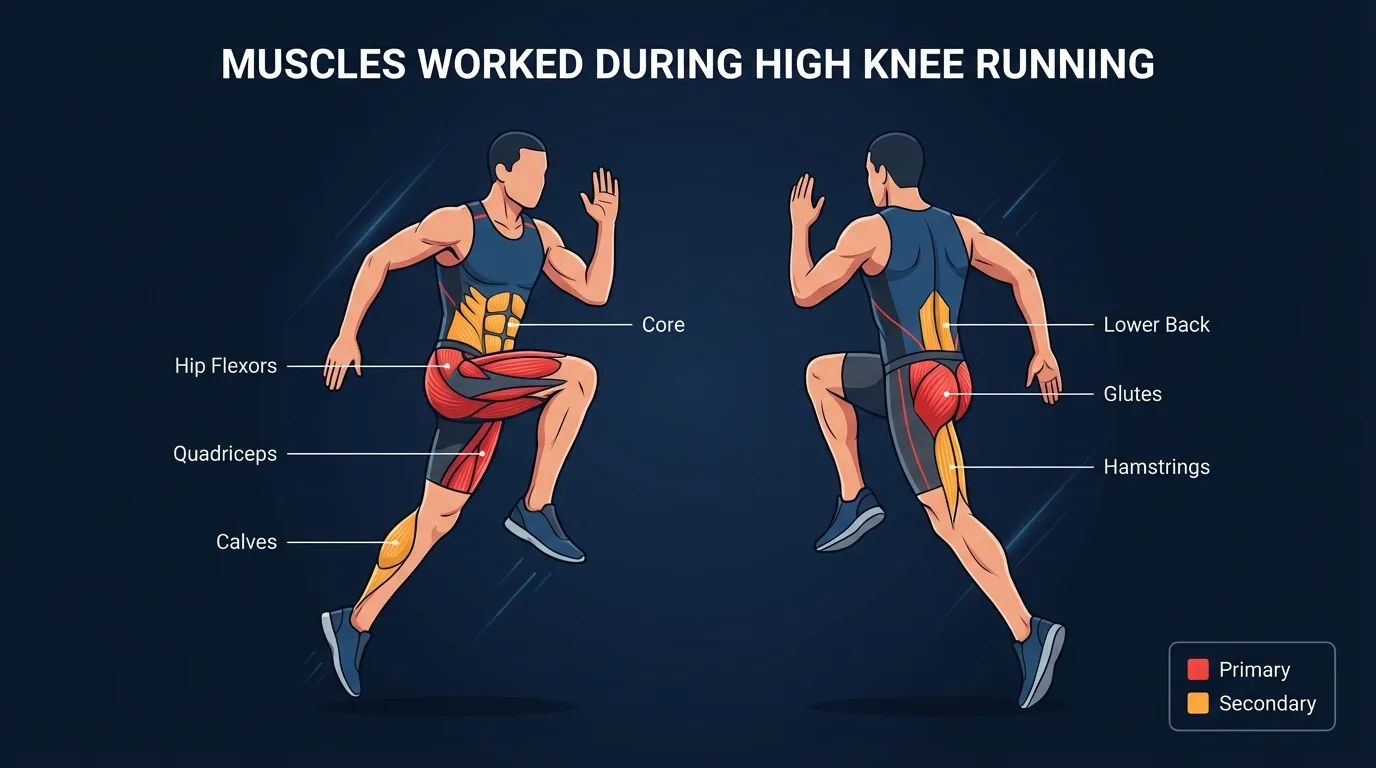 High knee running muscles activated: hip flexors (iliopsoas, rectus femoris), quadriceps, and calves as primary movers, with glutes, hamstrings, and core as stabilizers