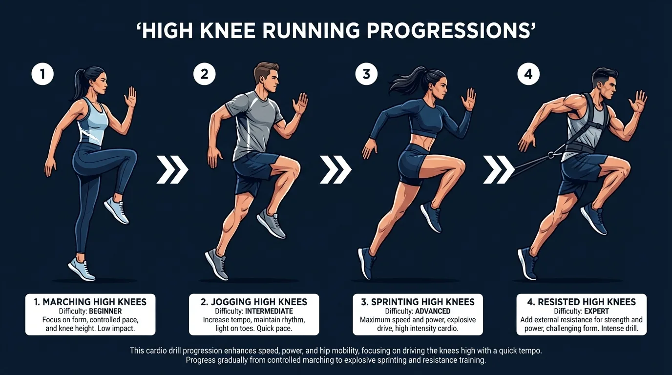 High knee running variations from beginner marching at walking tempo to advanced banded resistance and sprint-interval progressions