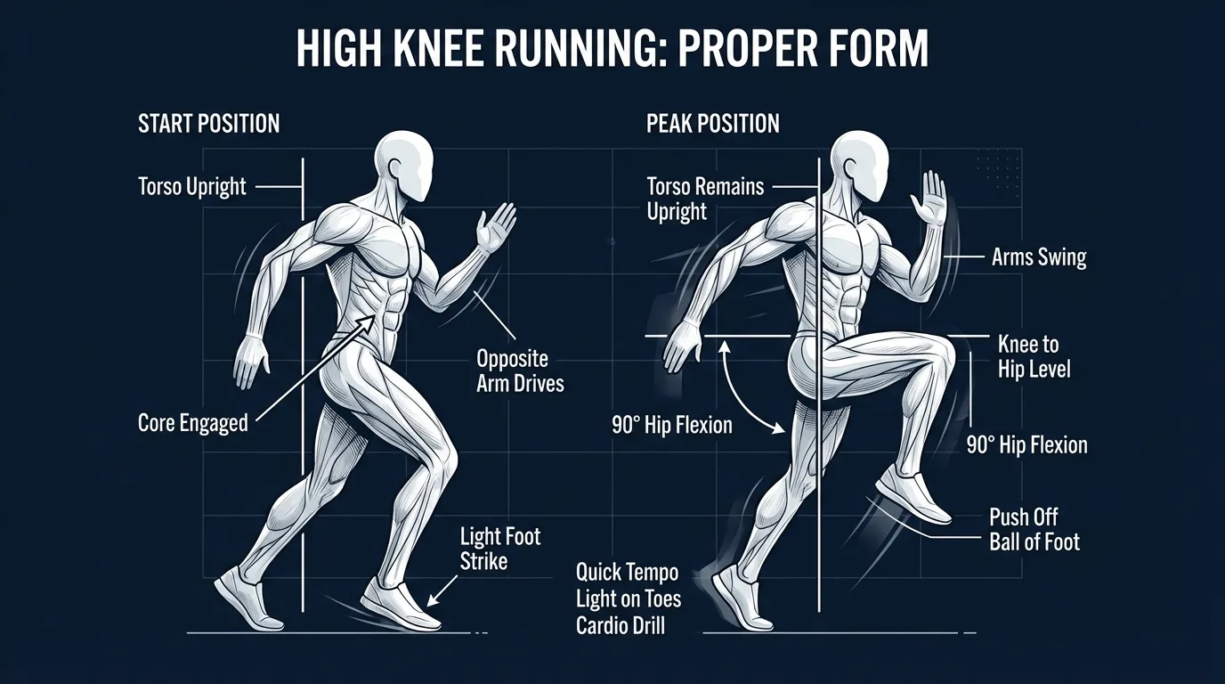 High knee running proper form: upright torso, knee driven above hip height, soft ball-of-foot landing, and powerful sprint-style arm drive in opposition