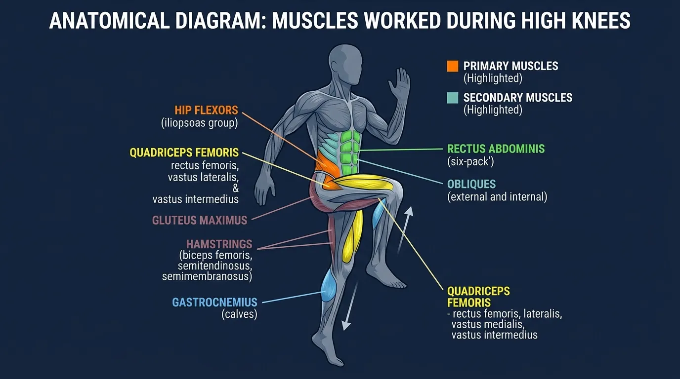 High knees muscles and systems activated: hip flexors (psoas, iliacus, rectus femoris) and calves (gastrocnemius, soleus) as primary movers, with the anterior core, glutes, and ankle stabilizers working isometrically, plus the cardiovascular system as the dominant trained system