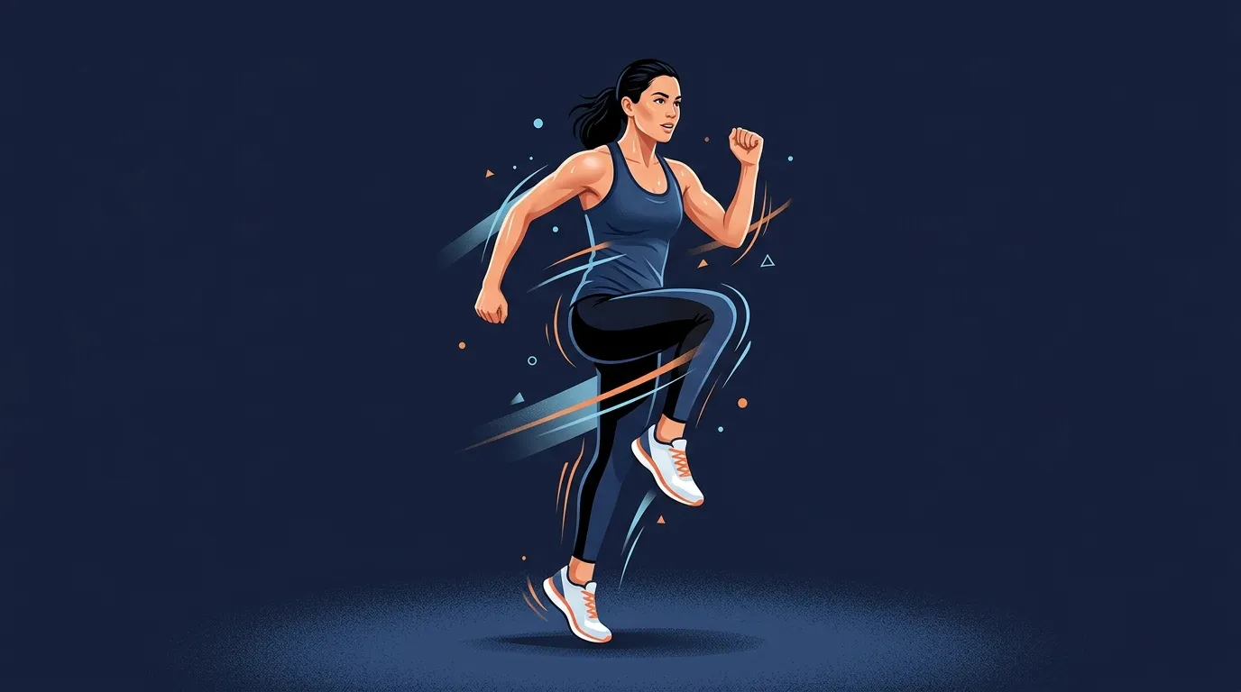 High knees proper form demonstration: torso upright, knee driven to hip height with thigh parallel to the floor, opposite arm pumped forward, stance foot on the ball of the foot