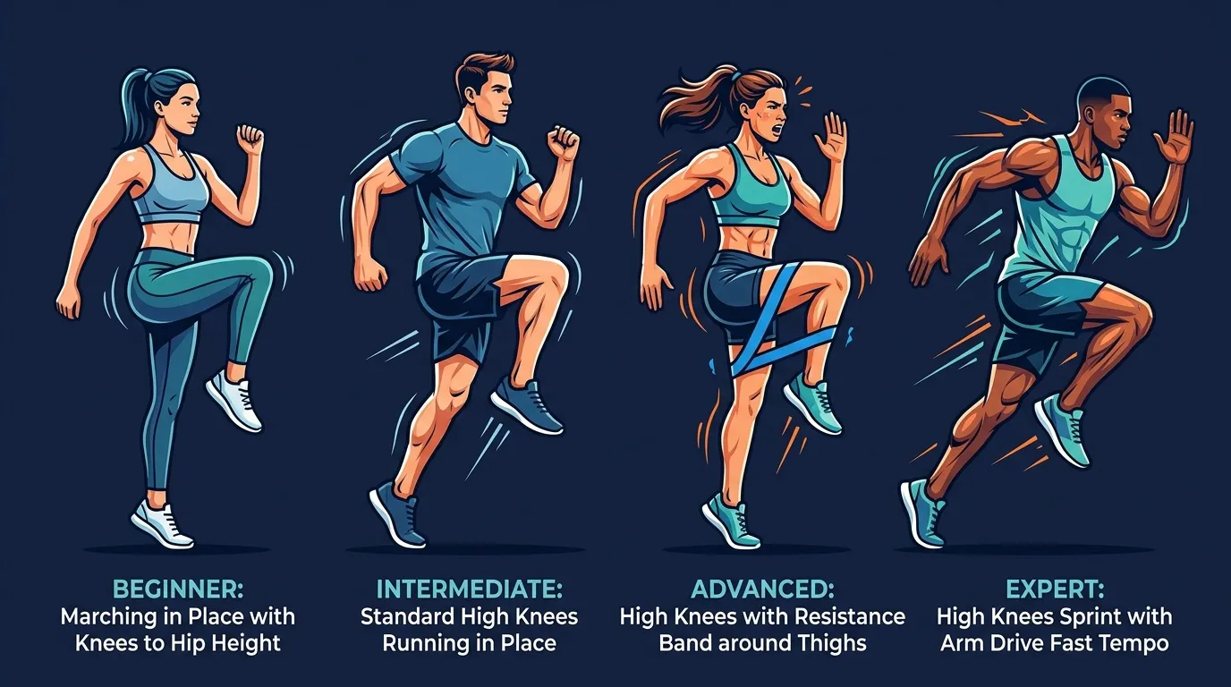 High knees progression from marching in place (beginner) to standard running-in-place high knees (intermediate) to sprint bursts and banded high knees (advanced)