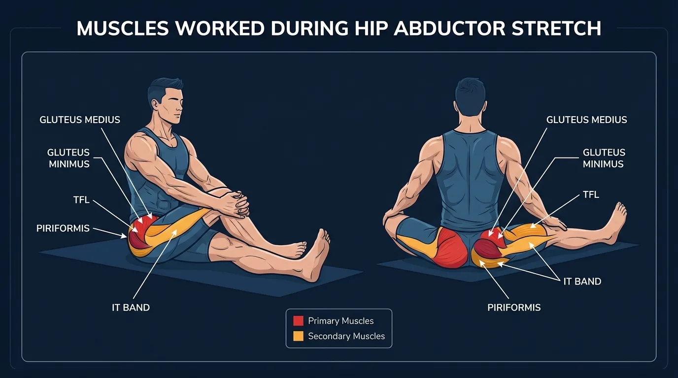 Hip abductor stretch muscles targeted: gluteus medius, gluteus minimus, and tensor fasciae latae highlighted on the outer hip, with the upper iliotibial band also involved