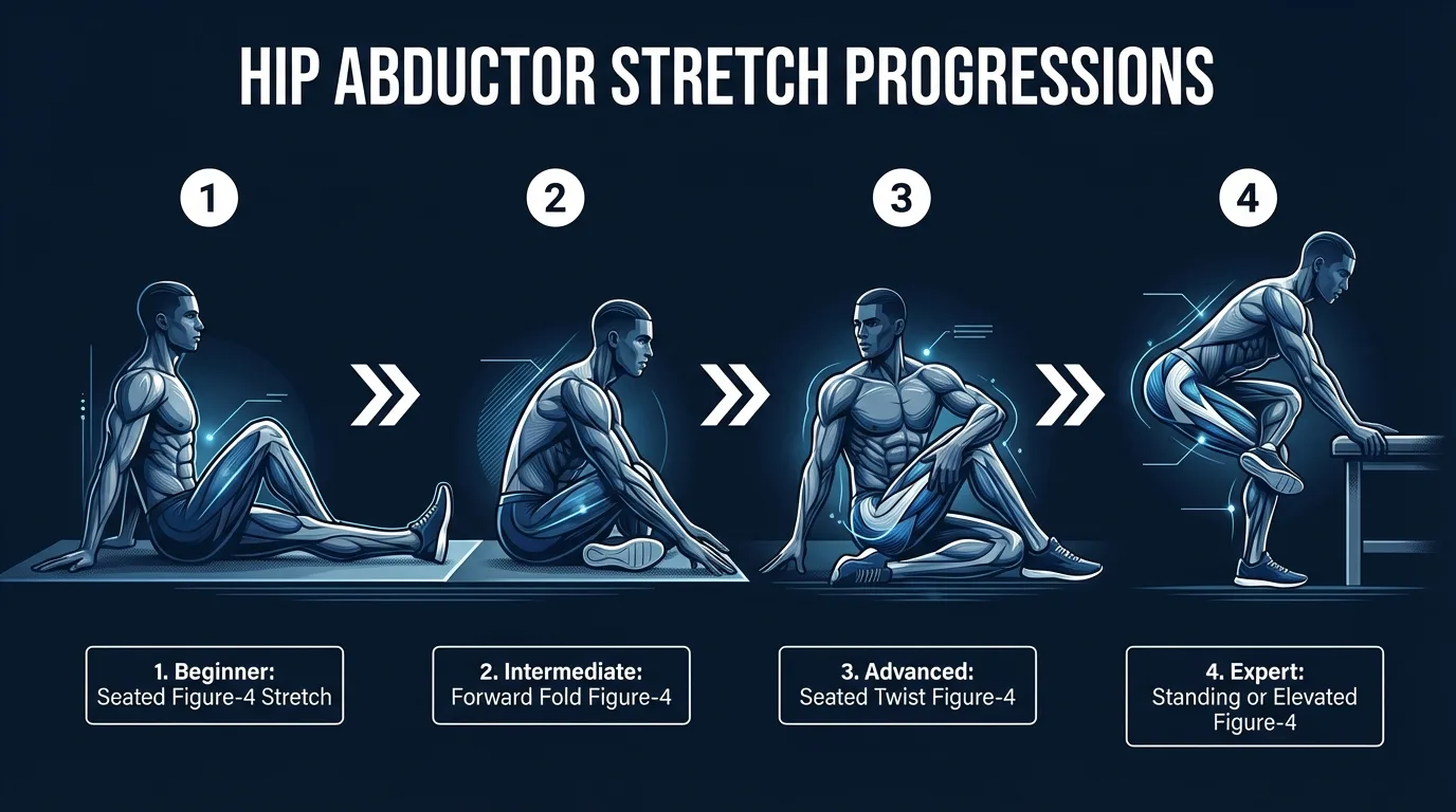 Hip abductor stretch variations: seated figure-four stretch on the left and side-lying TFL stretch on the right, both shown as beginner-friendly progressions