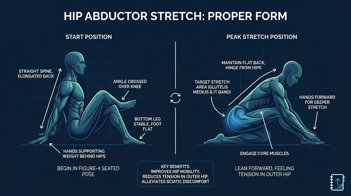 Hip abductor stretch proper form: standing crossover position with one leg crossed behind the other, hip pushed laterally away from the wall, and torso upright