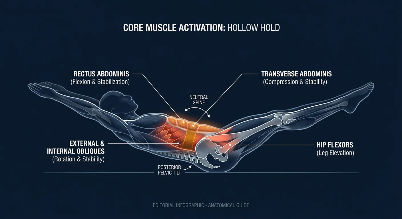 Hollow Hold muscles activated: rectus abdominis and transverse abdominis as primary movers maintaining posterior pelvic tilt, with internal and external obliques bracing laterally and hip flexors holding the extended legs in position