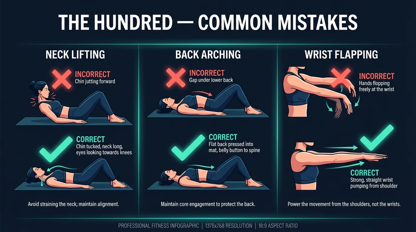 Common mistakes during the Hundred exercise: neck lifting, lower back arching off the mat, wrist flapping instead of shoulder-driven pumps, and the correction cues for each