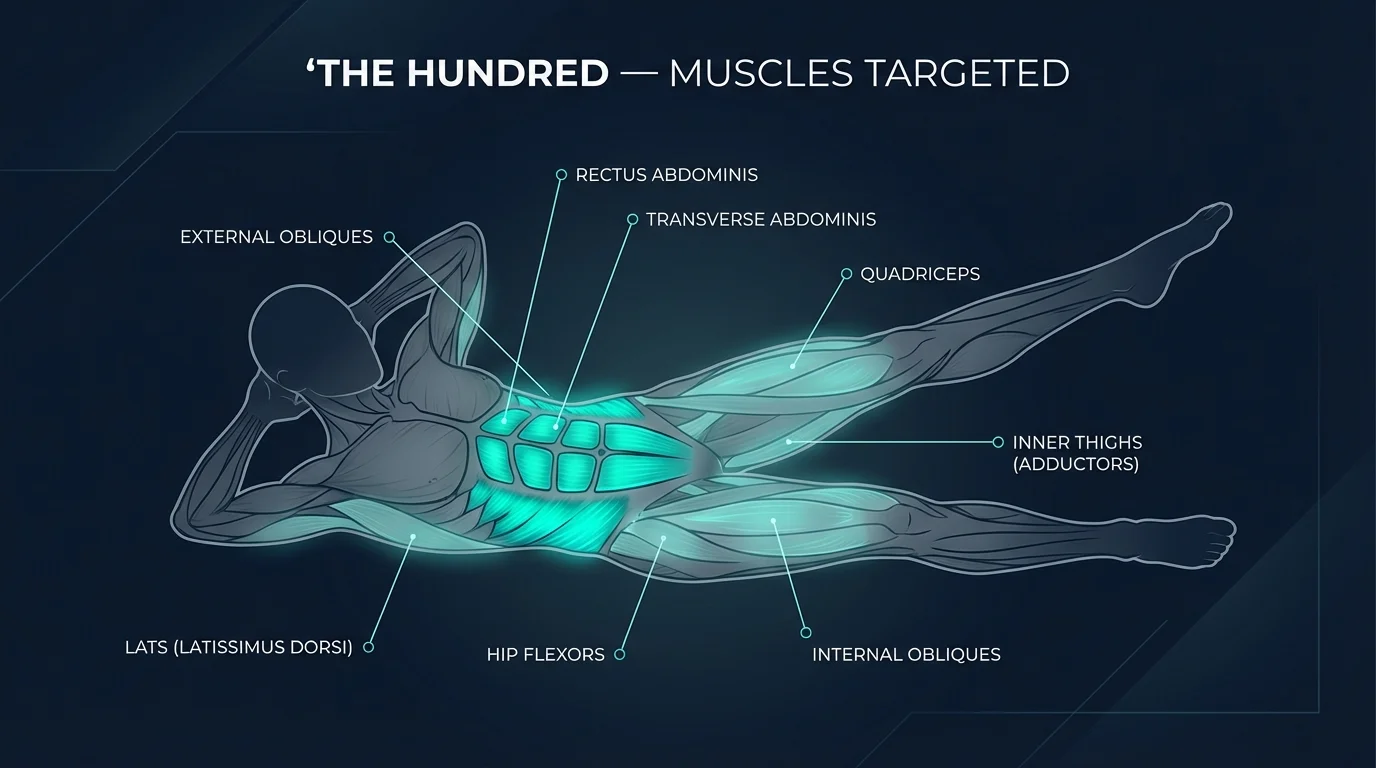 Hundred muscles activated: rectus abdominis, transverse abdominis, and obliques as primary movers, with hip flexors, quadriceps, inner thighs, and lats as secondary movers and the diaphragm and pelvic floor stabilizing the deep core canister