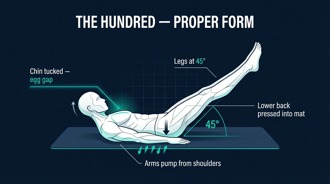 Hundred proper form: head and shoulders curled off the mat, legs extended at 45 degrees, arms pumping in small controlled movements alongside the hips
