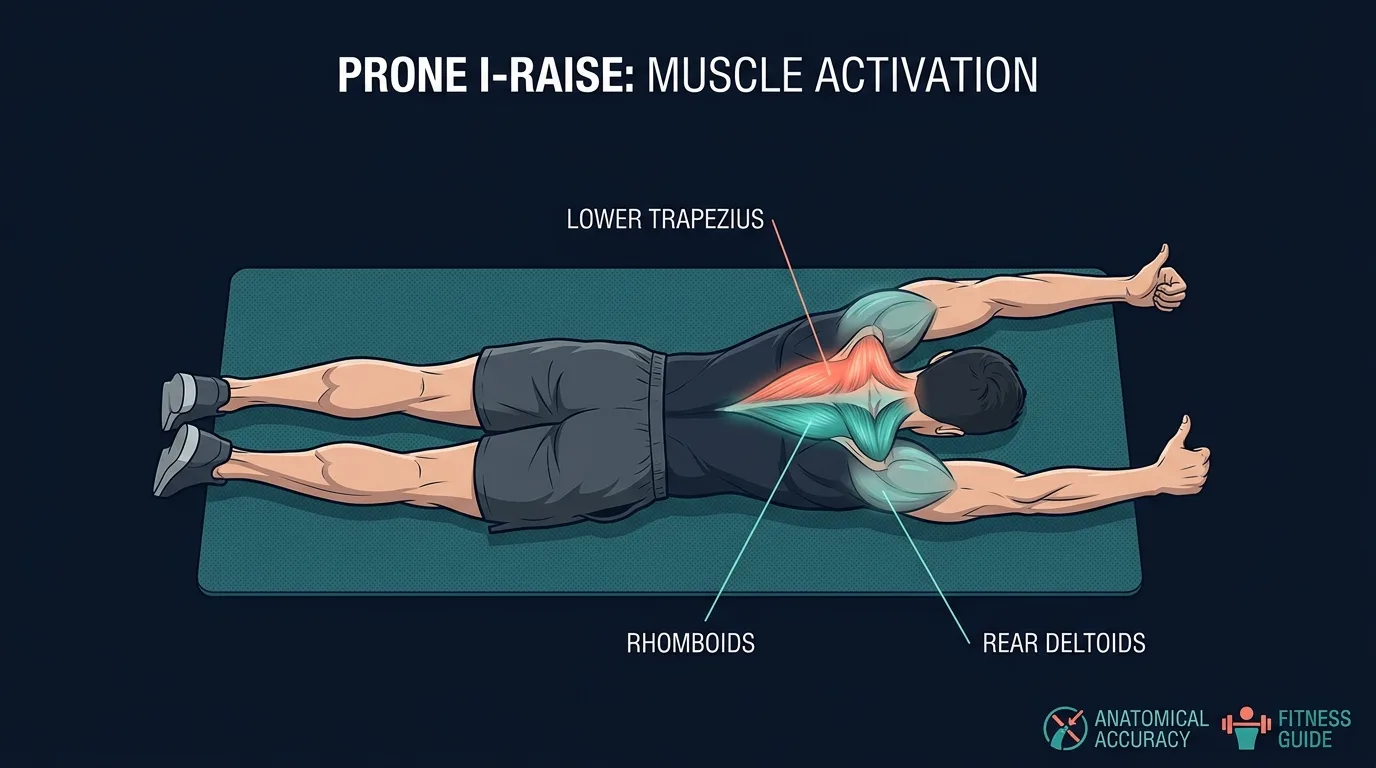 Prone I raise muscles worked: lower trapezius and middle trapezius as primary movers, rear deltoids and rhomboids assisting, with the serratus anterior contributing to scapular upward rotation as the arms lift off the floor