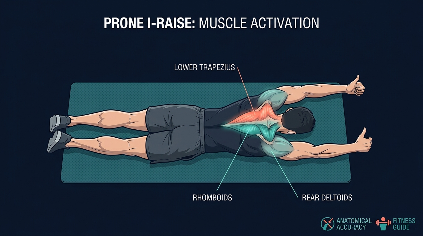 Prone I raise muscles worked: lower trapezius and middle trapezius as primary movers, rear deltoids and rhomboids assisting, with the serratus anterior contributing to scapular upward rotation as the arms lift off the floor