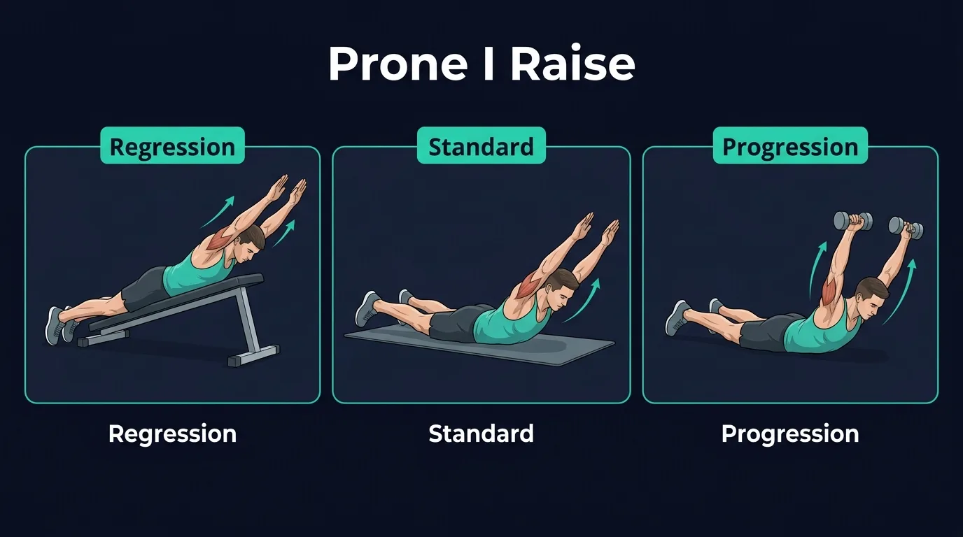 Prone I raise progressions: from beginner partial-range lifts on the floor, to standard prone I raise, to weighted prone I raise with light dumbbells, and finally the YTW circuit combining I, Y, T, and W raises